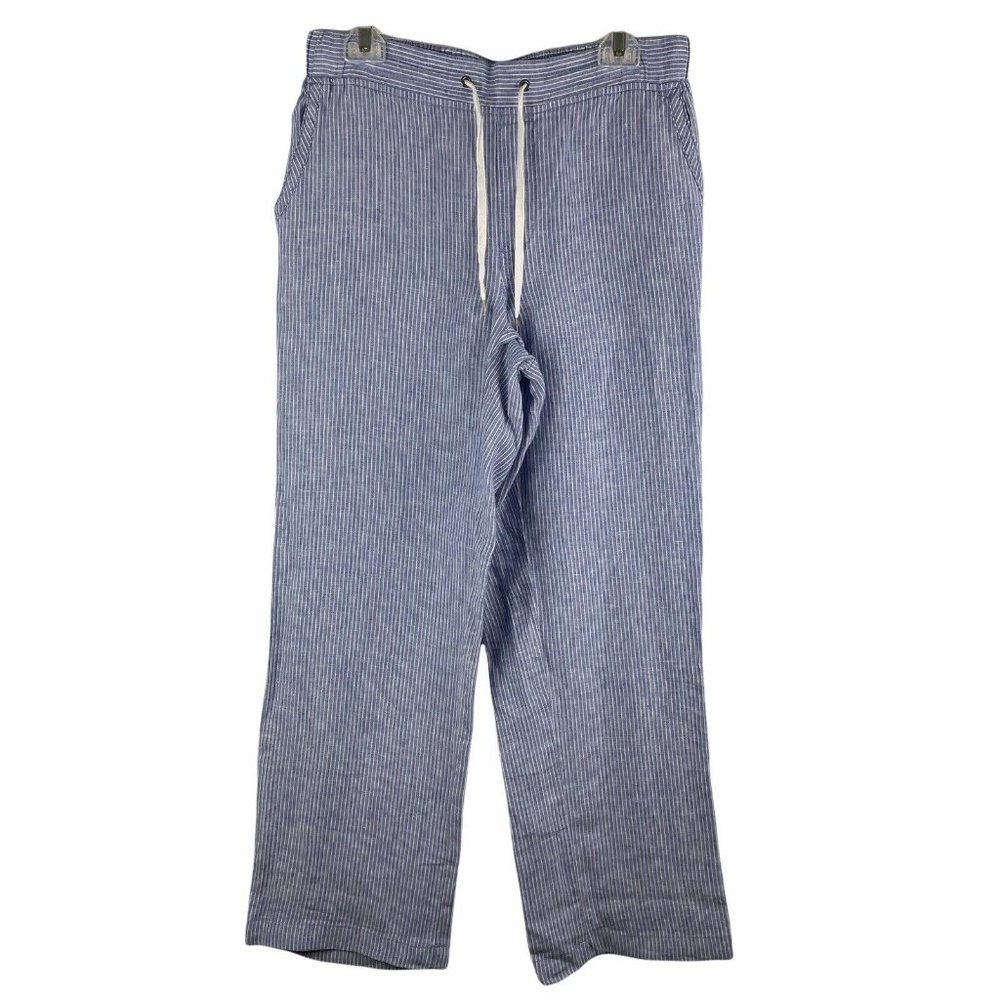 L.L Bean Pants Striped 100% Linen Drawstring Blue White